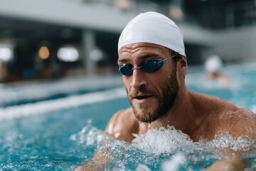 Competitive swimmer practicing techniques in an indoor pool during late afternoon hours
