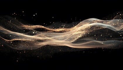 Abstract design with gold particles flowing in waves on a black background.