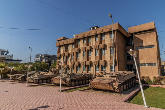 Military equipment at the grounds of Amna Suraka (Red prison) museum of the human rights abuses under Saddam Hussein's rule in Sulaymaniyah (Slemani), Kurdistan Region, Iraq