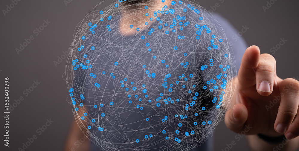 Aufkleber Abstract image of a person interacting with a digital network globe.  Ideal for technology, connectivity, and global concepts.