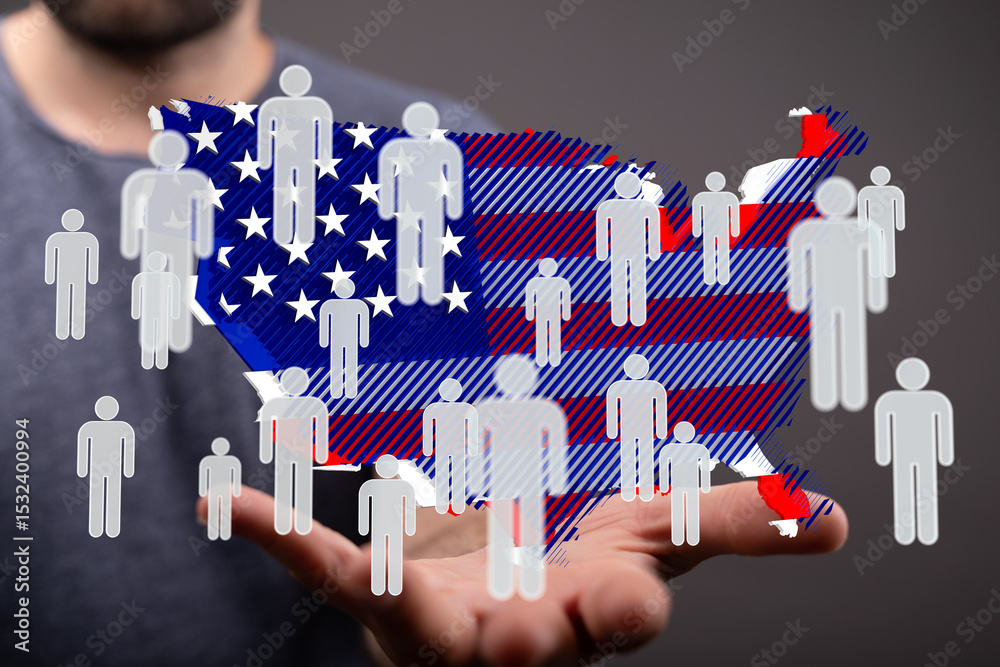 Poster stock photo showing us map with people icons, representing population data and demographics.