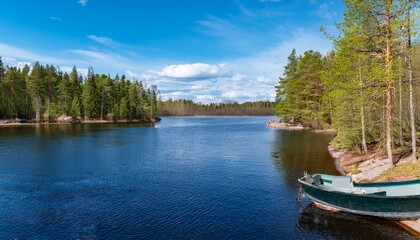 Naklejka premium view of vuoksi river and river banks in spring trees boat and water mellonlahti imatra finland