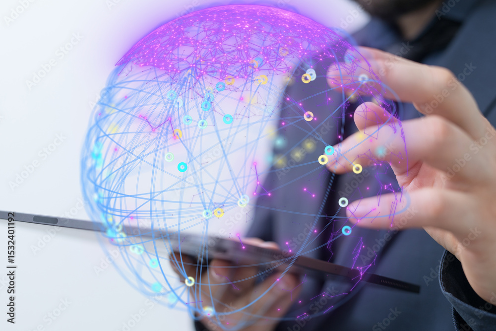 Aufkleber Person using a tablet to interact with a global network visualization.  Digital technology, connection, and global communication concept.