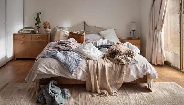 soft textures and disarray characterize this bedroom where an unmade bed contrasts with tossed clothes and a busy nightstand presenting an authentic daily life scene