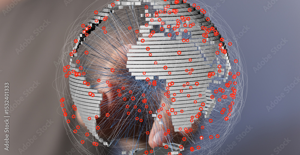 Aufkleber High-tech image of a digital world map showing global connections and data streams.