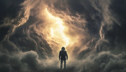 Astronaut facing a vast, ominous sky.