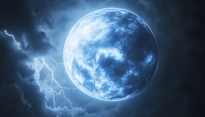 A celestial moonlit scene of a large luminous blue moon amidst stormy clouds.