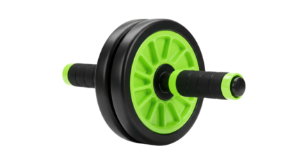 Green and black ab roller wheel fitness equipment isolated on white background