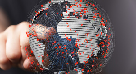 High-tech image showing a hand interacting with a digital globe, illustrating global network connectivity.