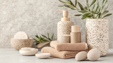 Serene Spa Essentials: A meticulously arranged collection of spa essentials. Soft towels, soothing stones, and organic skincare products in a tranquil, light-filled setting.
