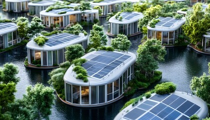 Sustainable floating homes nestled on a tranquil waterway.