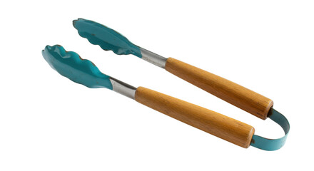 Teal silicone kitchen tongs with wooden handles isolated on white background