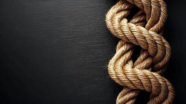 Detailed texture of intertwined brown rope on dark background, rustic, knot, border, strong and nautical theme with copy space.