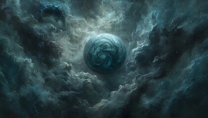 A swirling nebula surrounds a distant planet.
