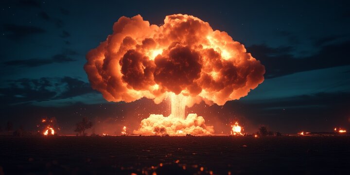 Dramatic Illustration of a Nuclear Detonation with Massive Mushroom Cloud Over a Ruined Cityscape
