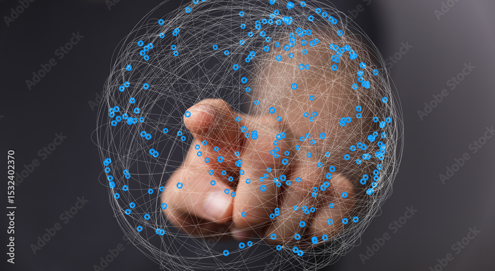 Poster abstract image depicting global connectivity, network, technology, and digital world interaction.