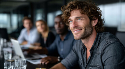 Smiling professional at conference table with colleagues