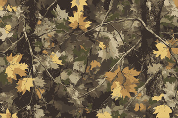Vector hunting camouflage seamless pattern design. Camouflage background. Deer hunting, forest, jungle texture. Realistic tree seamless pattern. Digital camouflage