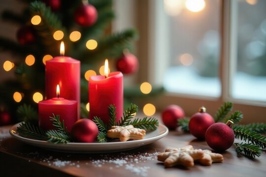 Four advent candles in glass bottles, festive cookies & decorations on table near window , craft, festive, xmas - Powered by Adobe