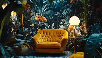 A mustard yellow armchair in a lush tropical interior design.