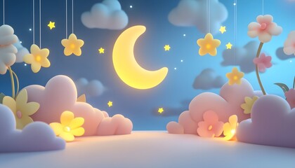 A whimsical, nighttime scene filled with soft, pastel colors.