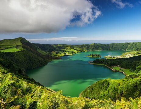 beautiful view of lagoa do congro green lake sao miguel azores portugal
