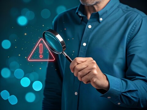Hand holding Magnifying glass with red triangle warning sign. Error notification alerts and maintenance concept. Notice of danger, update or technical fail in program or network system security - Powered by Adobe