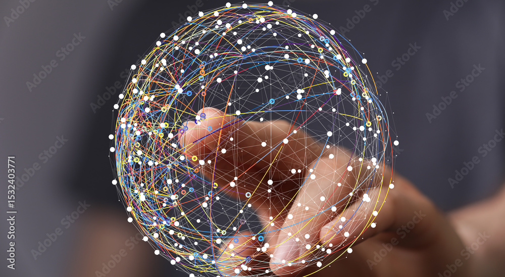 Aufkleber Abstract image of a hand interacting with a digital sphere representing global network connections and data flow.