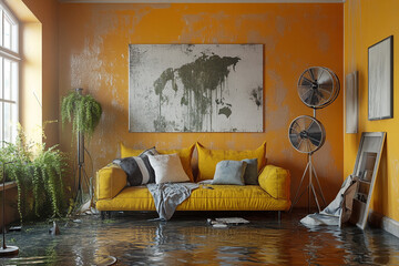 Flooded living room with yellow couch and world map art