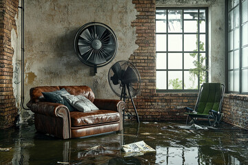 Flooded industrial loft apartment with leather couch fans and chair