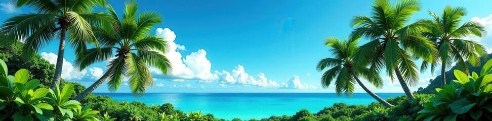 Majestic sabal palm, vibrant blue sky, lush undergrowth , greenery, clouds