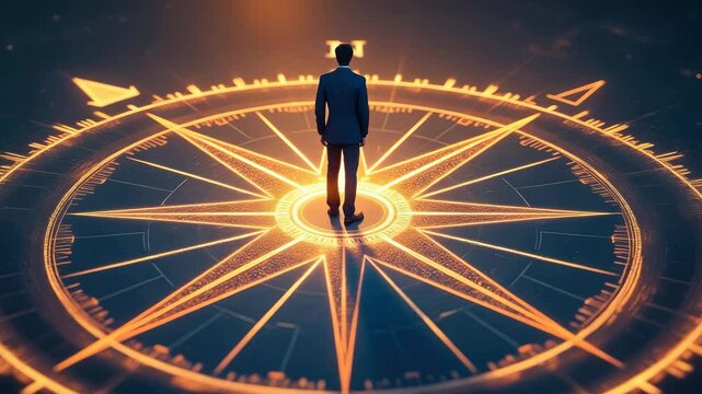 Business target and goal concept, A man standing on a glowing compass in a dramatic setting.