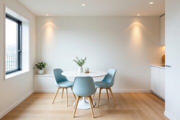 Bright small apartment style dining room with white round table, light blue chairs, natural light from large window, minimalist decor. Concept of bright small apartment style interior design.