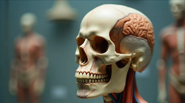 Detailed Anatomical Model of Human Skull with Exposed Brain and Nerves in Side View
