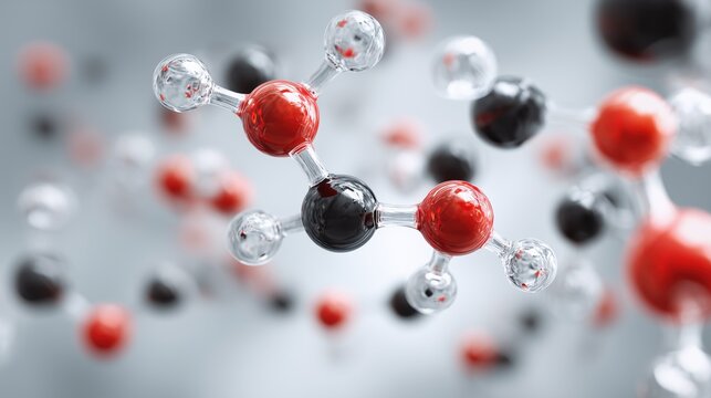 Turning low-carbon ethanol into sustainable aviation fuel. 3D scientific illustration of ethanol molecules breaking down and reforming into aviation fuel hydrocarbon chains, floating molecular models 