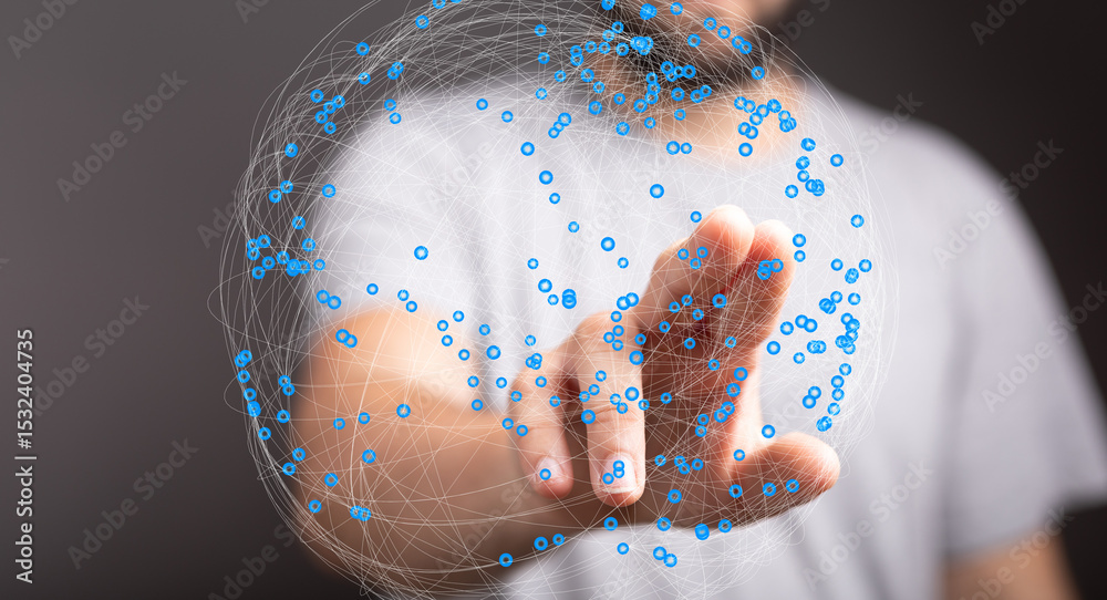 Poster Person's hand interacts with a digital sphere, symbolizing global network connection and data interaction.
