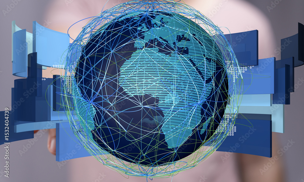 Poster High-tech image of a global network, data connections, and digital world map. Ideal for technology, business, and communication concepts.