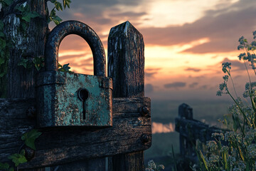 Rusted lock on old wooden fence at sunset tranquil scene