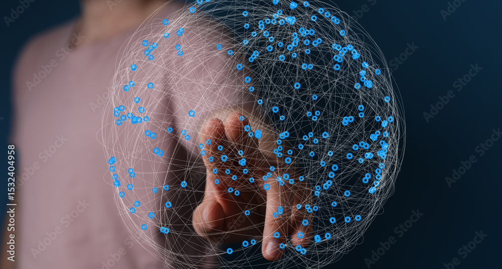 Poster Abstract image of a hand interacting with a digital global network.  Perfect for technology, connectivity, and global business concepts.
