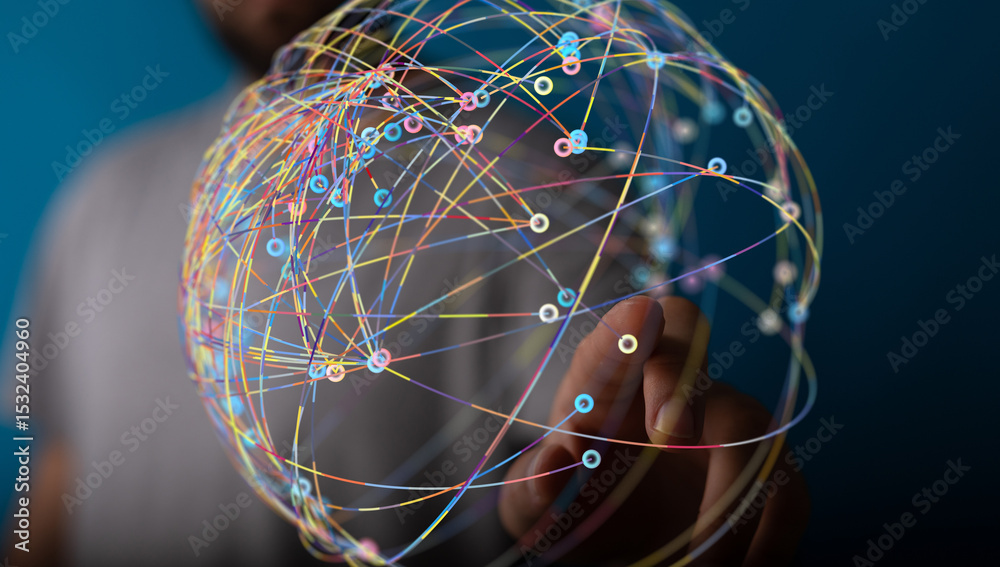 Poster abstract image depicting interconnectedness, global network, data flow, and digital technology.