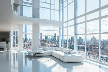 Modern white apartment city view panoramic windows luxurious living room