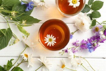 Aromatic herbal tea in glass cups, different flowers and green leaves on white wooden table, flat lay