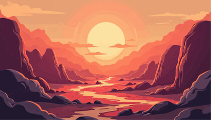 Cartoon Landscape with River and Sun