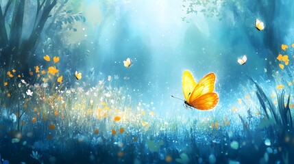 Enchanted Forest Meadow with Golden Butterfly