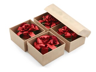 Elegant Red Ribbon Gift Boxes with Roses, Valentine's Day Present Packaging