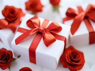 Romantic White Gift Boxes with Red Ribbon and Roses