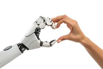 Human and robot hand forming heart shape isolated on a white background png generated ai