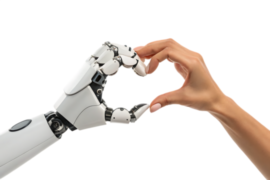 Human and robot hand forming heart shape isolated on a white background png generated ai