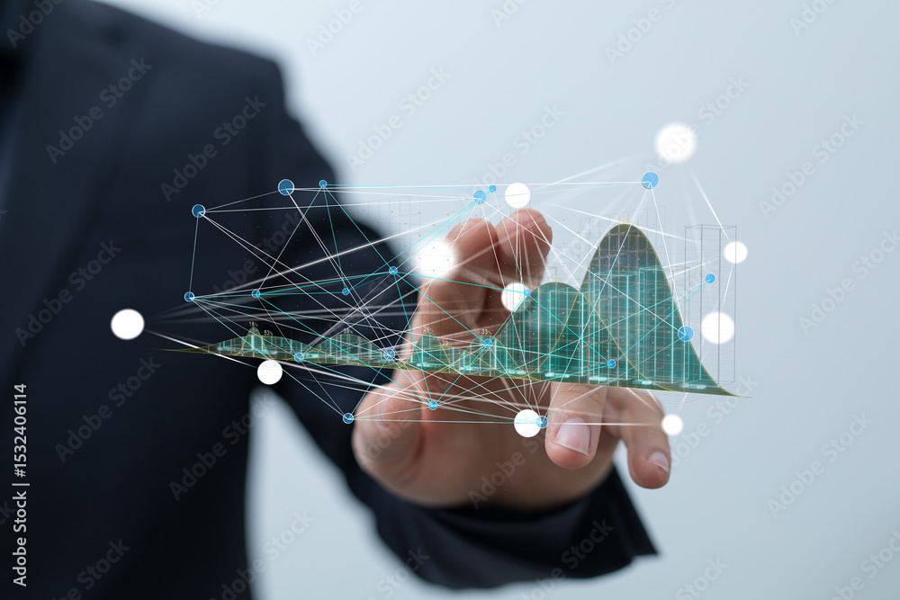Poster Hand holding a digital graph showing data analysis and network connections.