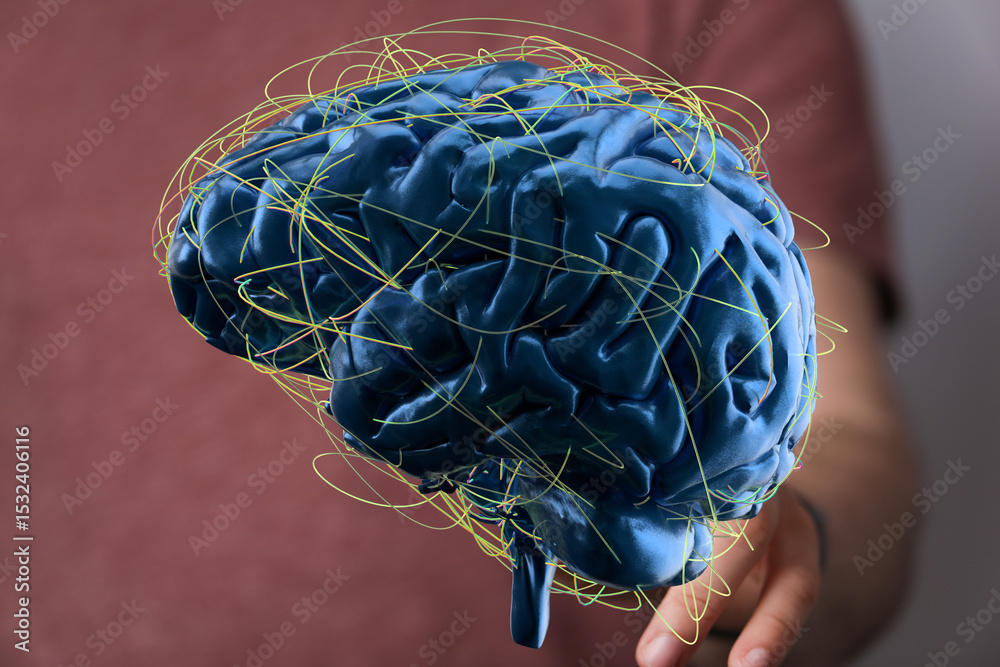 Poster 3D rendered image of a human brain with glowing neural connections.  Perfect for AI, neuroscience, and cognitive function.
